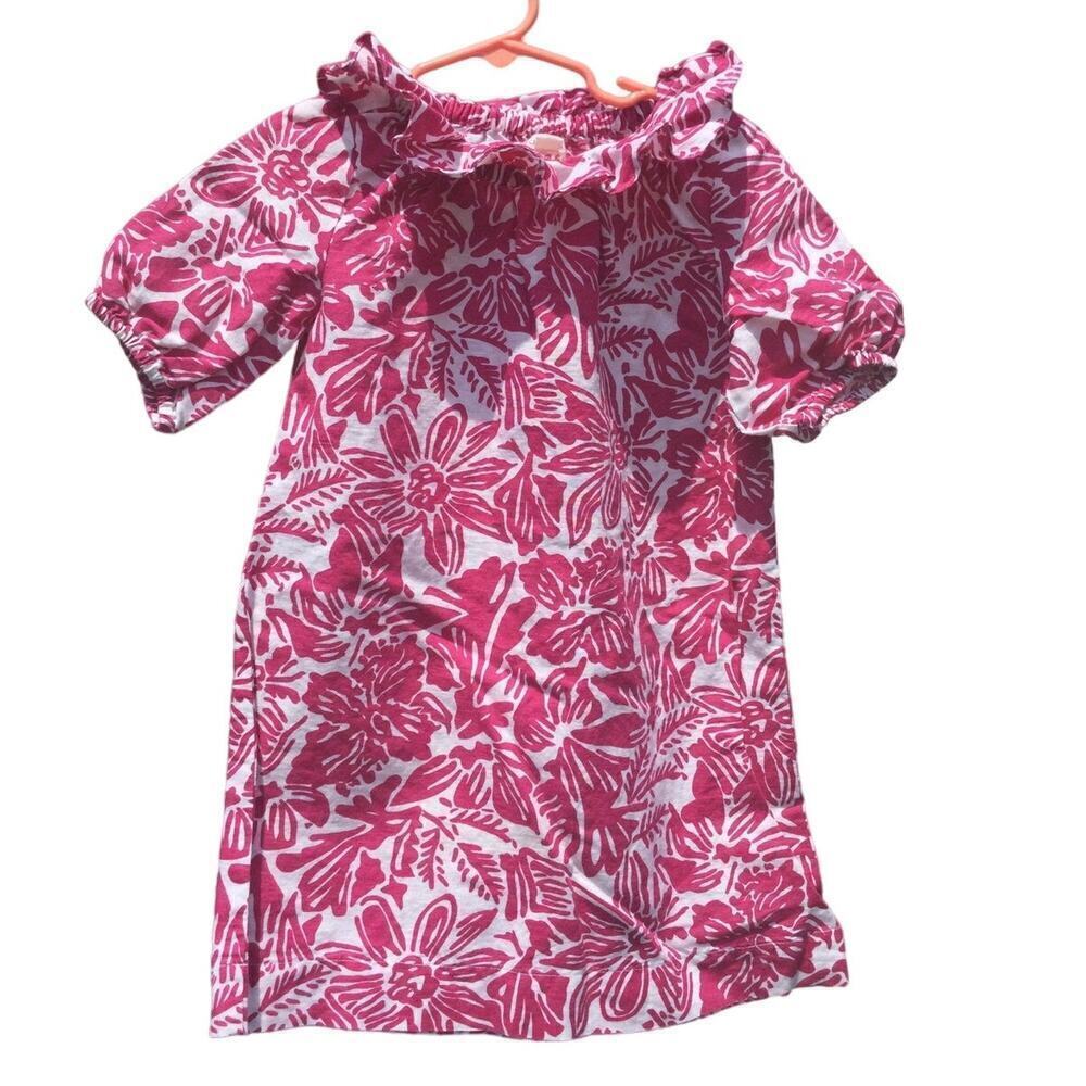 Crewcuts girls dress size 5 linen ruffle pink white preppy coastal beachy flower - Picture 1 of 10